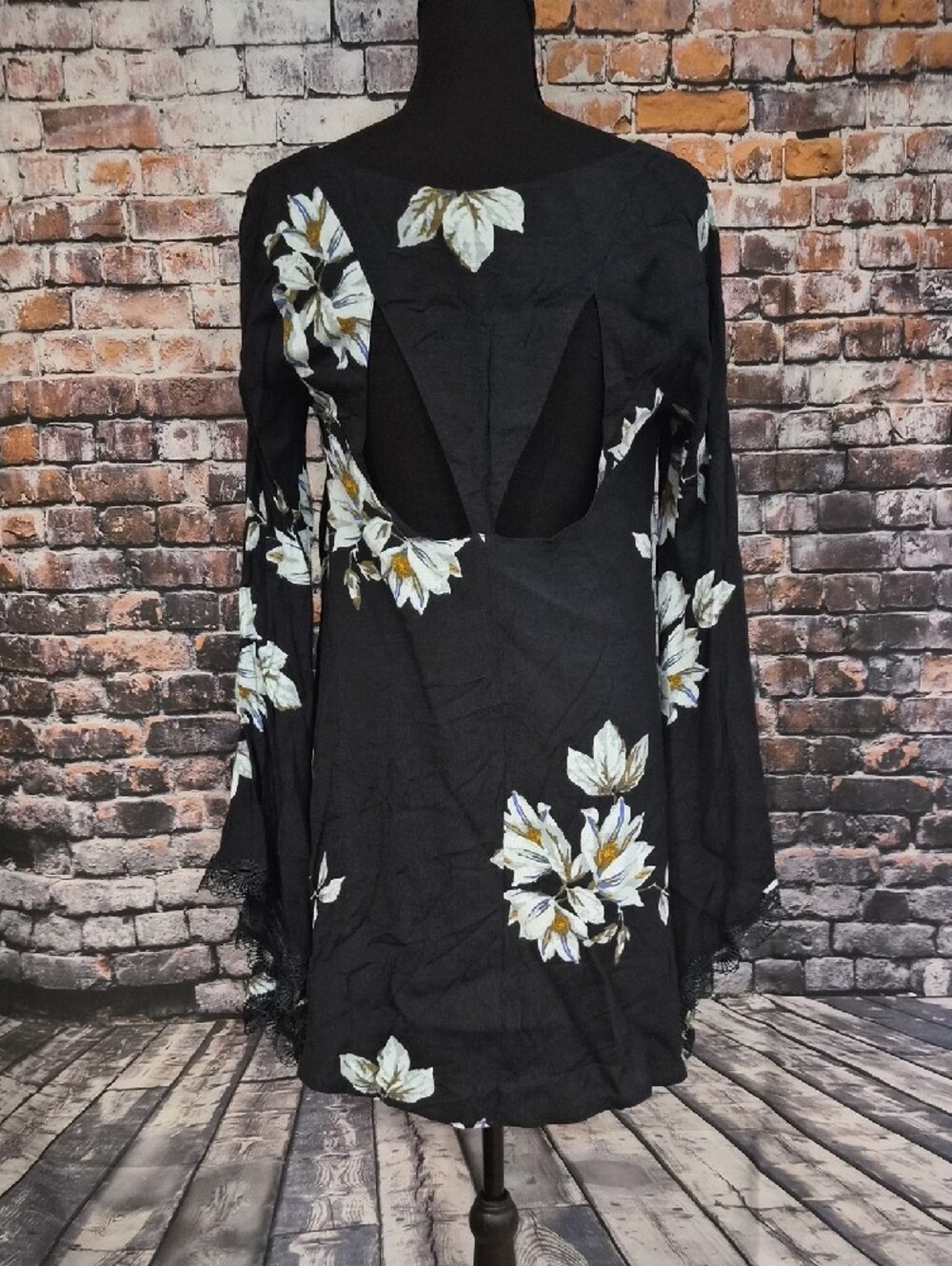 Free People Wanderer Mini Dress with Lace Trim Bell Sleeves And Cut Out Back - Picture 8 of 11
